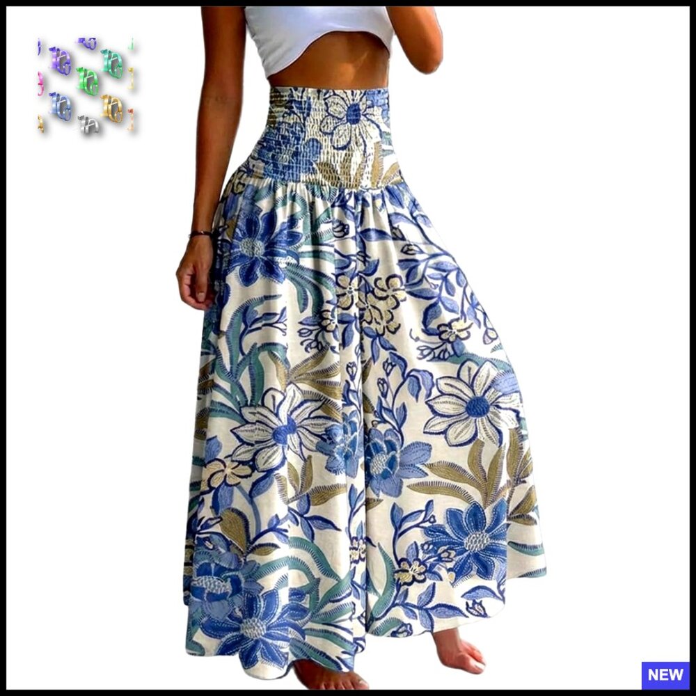 Boho Floral Wide Leg Pants High Waisted Shirred Trousers Summer Beach Wear